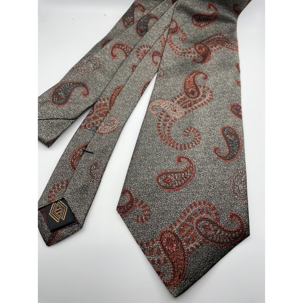 Audrey Buckner Mens Grey Rust Paisley Silk Tie Made in USA European Silk
